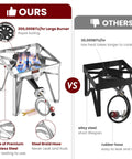 Comparison of Heavy Duty 200000 BTU Propane Burner Stainless Steel Outdoor Stove and standard burner showing performance and material differences.