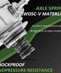 Axle spring with SWOSC-V material showing heat resistance and pressure resistance features on black background.