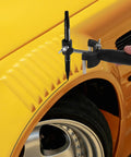Auto Scratch Repair Tool Kit For Wheel Arches And Sheet Metal, Ergonomic Plastic And Iron Build, Marks Lines On Cars Trucks And SUVs, Tire Marker Scriber For Pro Grade DIY Repairs, Durable All In One Repair Set marking a wheel arch on a yellow car