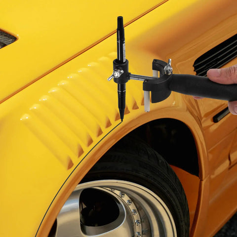 Auto Scratch Repair Tool Kit For Wheel Arches And Sheet Metal, Ergonomic Plastic And Iron Build, Marks Lines On Cars Trucks And SUVs, Tire Marker Scriber For Pro Grade DIY Repairs, Durable All In One Repair Set marking a wheel arch on a yellow car