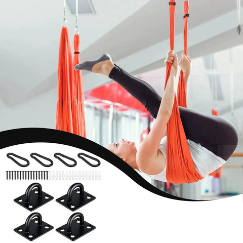 Eight Piece Pad Eye Plate Stainless Steel Hammock Hooks with orange hammock in use