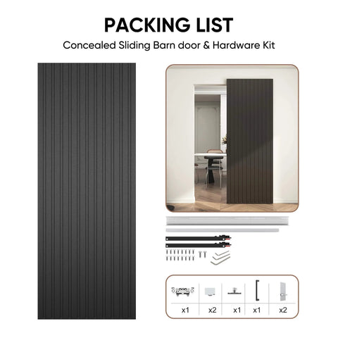 Concealed Sliding Barn Door With Slick Soft Close Hardware Kit Black Hidden Door For Interior Use 32x86 Inches Waterproof