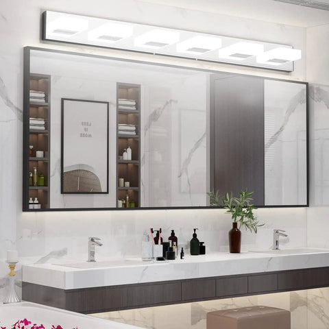 Dimmable 6 Light LED Vanity Fixture For Modern Bathroom Over Mirror showcasing sleek stainless steel and frosted white acrylic