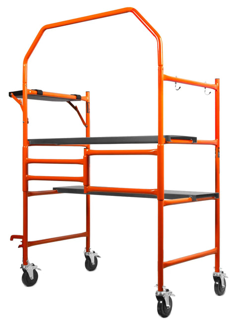 Built Different 4 Foot Portable Rolling Scaffolding Platform With 500 Pound Capacity features orange frame and smooth folding worktable.