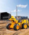 Large Wheeled Loader Heavy Duty Construction Metal Bulldozer Toy for Kids Outdoor Sandbox on dirt with factory background