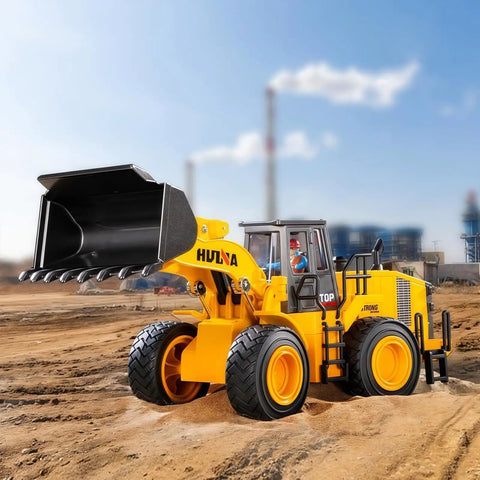 Large Wheeled Loader Heavy Duty Construction Metal Bulldozer Toy for Kids Outdoor Sandbox on dirt with factory background