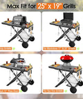 Foldable Grill Cart Stand for Weber Q Series Q1000 Q1200 Q1400 Q2000 Q2200 Q2400, Portable Tabletop Cart With Gas Cylinder Shelf shown with various grills and ovens