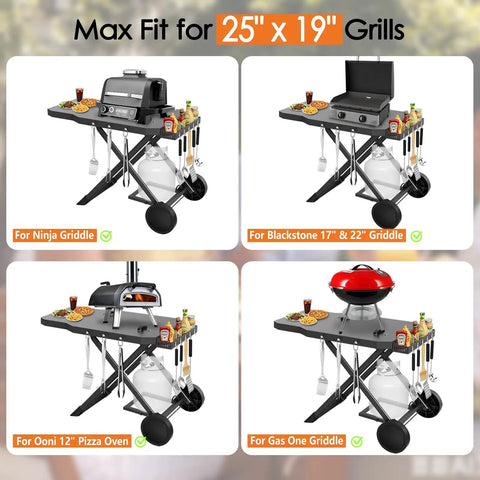 Foldable Grill Cart Stand for Weber Q Series Q1000 Q1200 Q1400 Q2000 Q2200 Q2400, Portable Tabletop Cart With Gas Cylinder Shelf shown with various grills and ovens