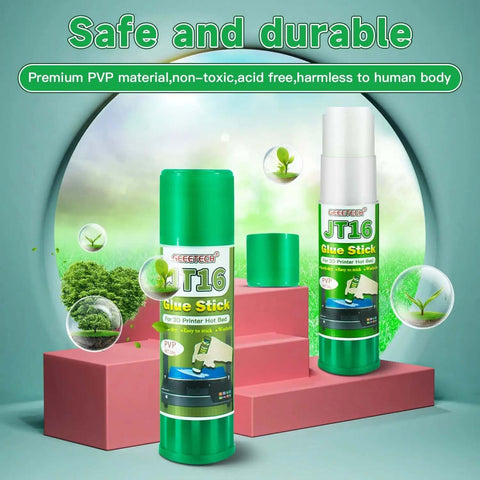 Graphic showing Six Pack 3D Printer Glue Sticks 1.27oz each for ultra strong bed adhesion, highlighting safe, durable, non-toxic PVP material.
