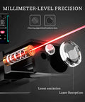 Heavy Duty Red Laser Distance Meter Measures Up To 393 Ft With Smart Tilt Sensor And Backlit Screen shows laser emission and reception.