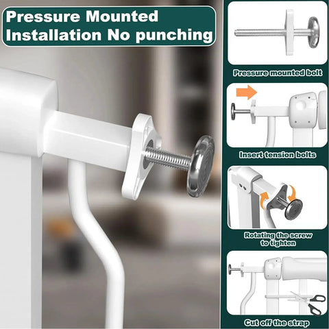 Pressure mount installation of Extra Wide Baby Gate With Door Walk Through Easy Install Adjustable 38.5 To 43.3 Inches Ideal For Stairways And Doorways Indoor Outdoor Safe Gate For Toddlers And Pets Pet Friendly White demonstrating tension bolts and screws
