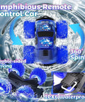 Amphibious remote control car with blue wheels in water, features 360 spin, double-sided driving, and IPX6 waterproof label.