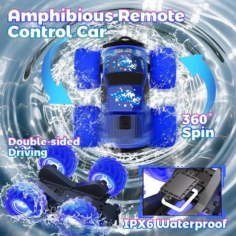 Amphibious remote control car with blue wheels in water, features 360 spin, double-sided driving, and IPX6 waterproof label.