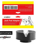 Two Pack Rubber Jack Pad For Trolley Floor Jack Disk Pad Adapter shown in original packaging with side skirt protection