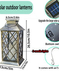 Dimensions and solar panel features of Flickering Lantern With 3 Flameless Candles, Waterproof PVC Garden Hanging Lights, with S hook.
