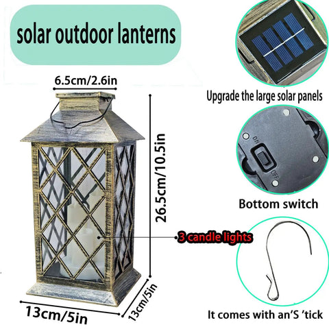Dimensions and solar panel features of Flickering Lantern With 3 Flameless Candles, Waterproof PVC Garden Hanging Lights, with S hook.