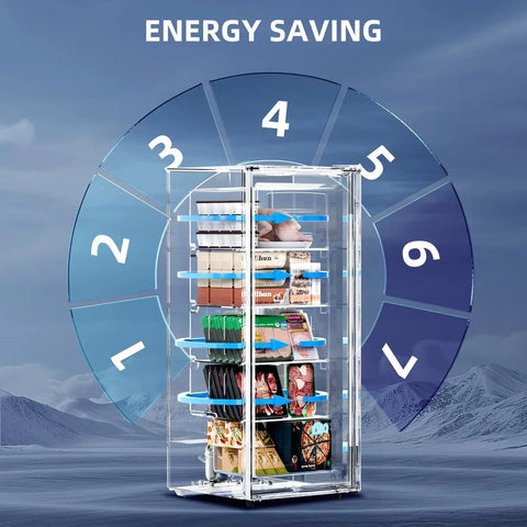 No Fuss Compact Upright Freezer With Six Cubic Feet Capacity, Seven Level Temperature Control, Removable Glass Shelves, Adjustable Legs, Reversible Door, White Stand Up Appliance For Dorms Or Homes showing six cubic feet of storage with removable glass shelves.