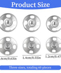 Six silver metal sew-on snap buttons in 12mm, 14mm, and 16mm sizes, from 60 Sets Sew On Snap Buttons Kit DIY Friendly With 12mm 14mm And 16mm Metal Snaps For Clothing Crafts And Bags Durable Press Stud Fasteners For Easy Seams And Quick Repairs.