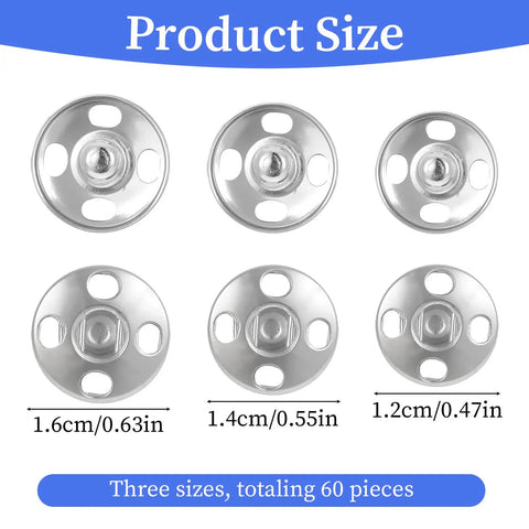 Six silver metal sew-on snap buttons in 12mm, 14mm, and 16mm sizes, from 60 Sets Sew On Snap Buttons Kit DIY Friendly With 12mm 14mm And 16mm Metal Snaps For Clothing Crafts And Bags Durable Press Stud Fasteners For Easy Seams And Quick Repairs.