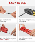 Steps for using Red Wolf 175 Amp Battery Quick Connector And Jumper Cable Plug, including wire insertion and crimping.