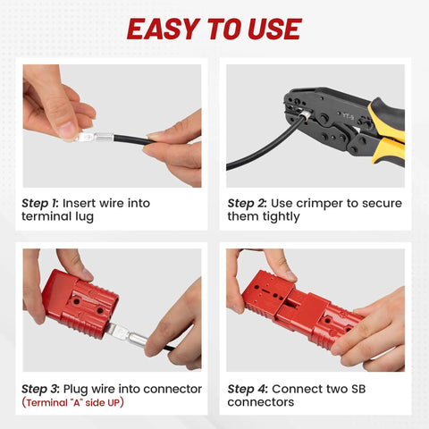 Steps for using Red Wolf 175 Amp Battery Quick Connector And Jumper Cable Plug, including wire insertion and crimping.