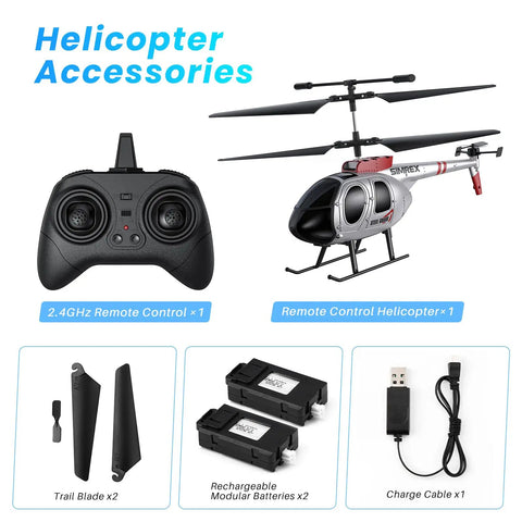 Beginner Friendly RC Helicopter With Auto Hover And Altitude Hold, remote, batteries, blades, and charger displayed