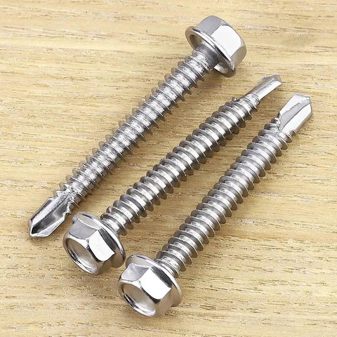 Heavy Duty Workhorse Size Twelve X Two Hex Washer Head Self Drilling Screws, 410 Stainless Steel Tek Fasteners For Sheet Metal, pack of 25 screws on wooden surface.