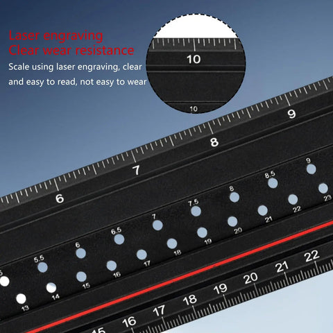 Aluminum Angle Finder Ruler With Integrated Protractor And Snap Marking Gauge For Spot On Construction Layouts, laser-etched scale close-up.