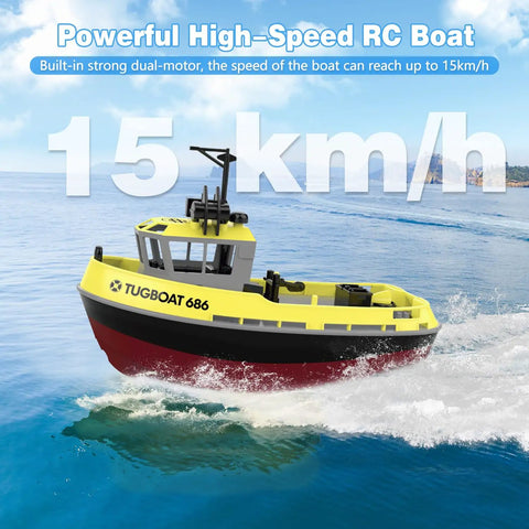One To Seventy Two Scale RC Tugboat For Pools And Lakes, High Speed Remote Control Boat cruising at 15 km/h on water.