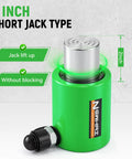 Front view green 20-ton hydraulic porta power jack with silver ram and hand pump