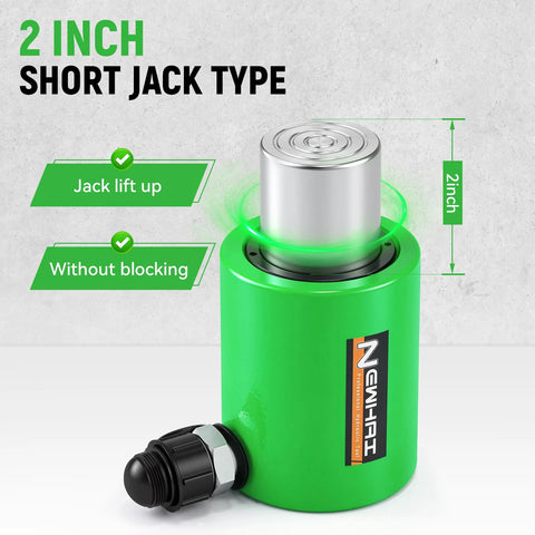 Front view green 20-ton hydraulic porta power jack with silver ram and hand pump