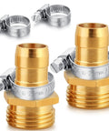 Garden Hose Repair Fittings With Clamps Pro Grade Heavy Duty Fits Three Quarter Inch Or Five Eighth Inch Brass Male Thread Hose Connector Water Hose Repair Replacement Coupling Kit Two Pack, showing brass connectors with stainless clamps.