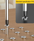 2 Pcs Rugged Phillips Screwdriver PH2 Magnetic Tip Non Slip Grip Chrome Vanadium Steel Tough Enough For Any Job shown inserting into screw in wood surface.