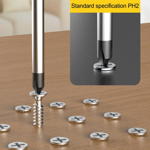 2 Pcs Rugged Phillips Screwdriver PH2 Magnetic Tip Non Slip Grip Chrome Vanadium Steel Tough Enough For Any Job shown inserting into screw in wood surface.