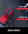 12V Tire Inflator Portable Air Compressor With Digital Gauge Auto Shut Off LED Light 12V Car Plug For Cars Bikes And Sports Up To 150 PSI Quick Fill On The Go showing 5 preset modes and 4 pressure units
