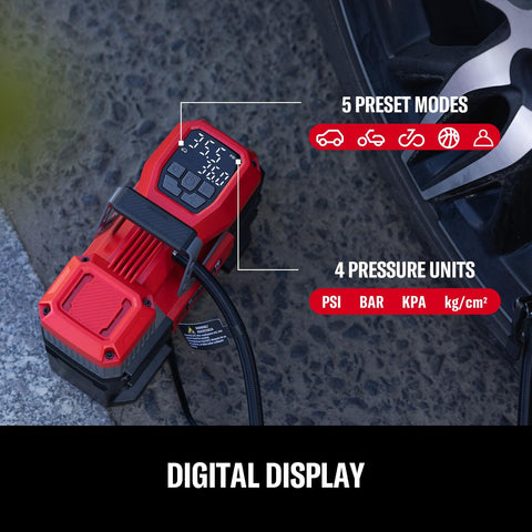 12V Tire Inflator Portable Air Compressor With Digital Gauge Auto Shut Off LED Light 12V Car Plug For Cars Bikes And Sports Up To 150 PSI Quick Fill On The Go showing 5 preset modes and 4 pressure units