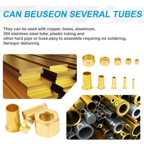 Brass 1/4 in OD compression fittings kit with inserts, sleeve ferrules, and nuts; 75-piece set.