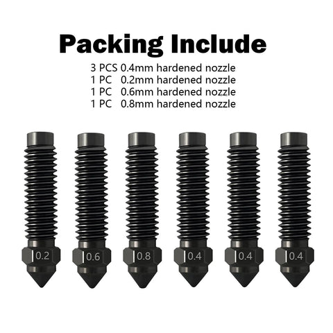 Front view: six hardened stainless steel 3D printer nozzles (0.2/0.4/0.6/0.8 mm)