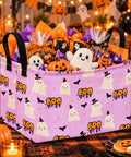 Lowkey Spooky Purple Ghost Storage Basket With Heavy Duty Cotton Linen Handles Dope Collapsible Organizer For Halloween Candy Toys Bedroom Closet Shelf Vibe Refresh filled with festive treats and toys.