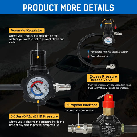 Wenzhon turbo system leak tester kit, front view with pressure gauge, regulator, and hose