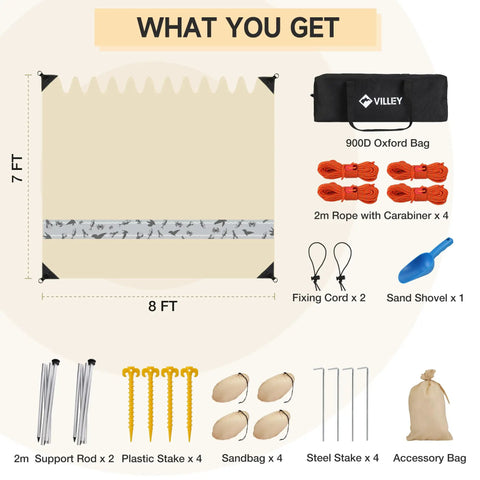 Contents of 5 Person Beach Tent Sun Shelter With UPF50+ Protection, 8x7 Ft Portable Beach Canopy, accessories included.