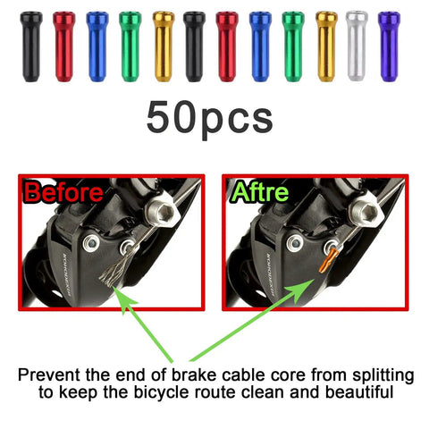 All In One Universal Bicycle Brake Cables And Housing Kit For Mountain And Road Bikes Includes End Caps Shifter And Derailleur Cables Beefed Up Durability Zinc Coated Inner Cables PVC Outer Housing Easy Install Repair Kit, showing 50 colorful end caps with before and after installation images.