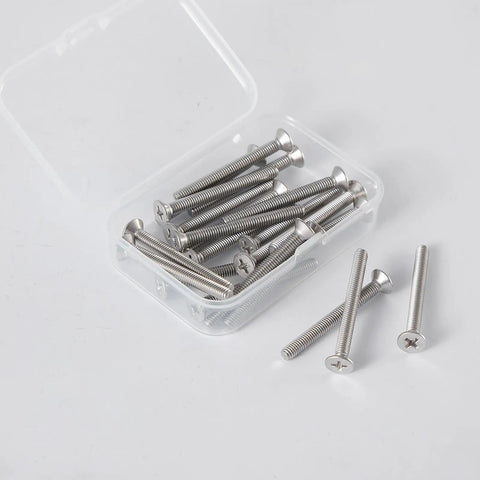 Heavy Duty M4 X 10mm Phillips Flat Countersunk Machine Screws In Top Shelf 304 Stainless Steel Rust Resistant full thread fasteners in clear box.