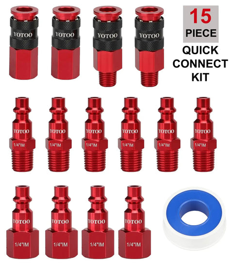 15 Piece Universal Air Coupler And Plug Kit With Quick Connect Air Hose Fittings, Heavy Duty Aluminum, Color Coded, Red