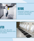 Before and after use of Disposable Urinal Mats for Mens Restroom Use, Large 17.25 By 20.5 Inch Floor Pads, Black, 12 Pack