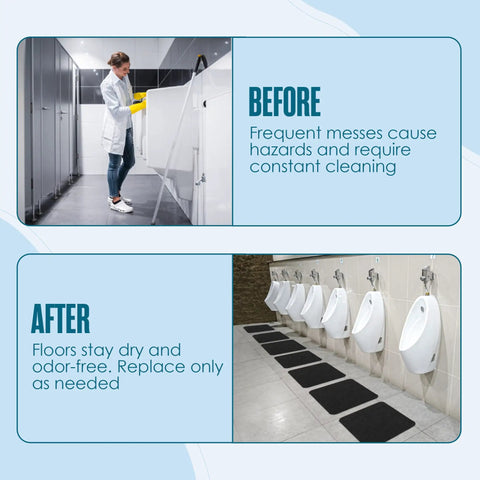 Before and after use of Disposable Urinal Mats for Mens Restroom Use, Large 17.25 By 20.5 Inch Floor Pads, Black, 12 Pack