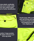 Heavy Duty High Visibility Safety Vest Featuring Breathable Mesh Lining Multiple Storage Pockets And Bright Fluorescent Yellow Fabric, showing pockets and cardholder.