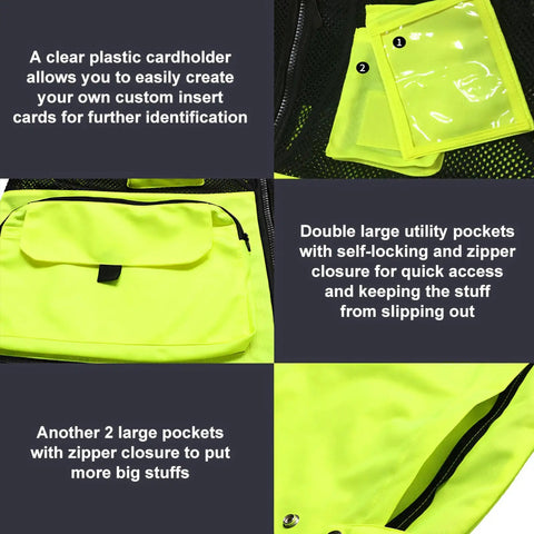Heavy Duty High Visibility Safety Vest Featuring Breathable Mesh Lining Multiple Storage Pockets And Bright Fluorescent Yellow Fabric, showing pockets and cardholder.