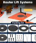 Rock Solid Router Table Lift System With Zero Play For Three Point Five Inch Motor Diameters And Premium Upgraded Base Kit shown with crank handle and insertion rings.