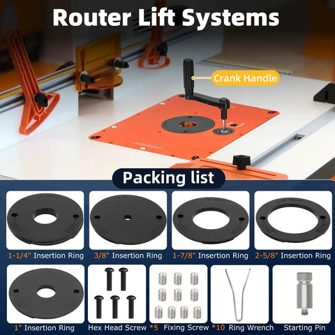 Rock Solid Router Table Lift System With Zero Play For Three Point Five Inch Motor Diameters And Premium Upgraded Base Kit shown with crank handle and insertion rings.